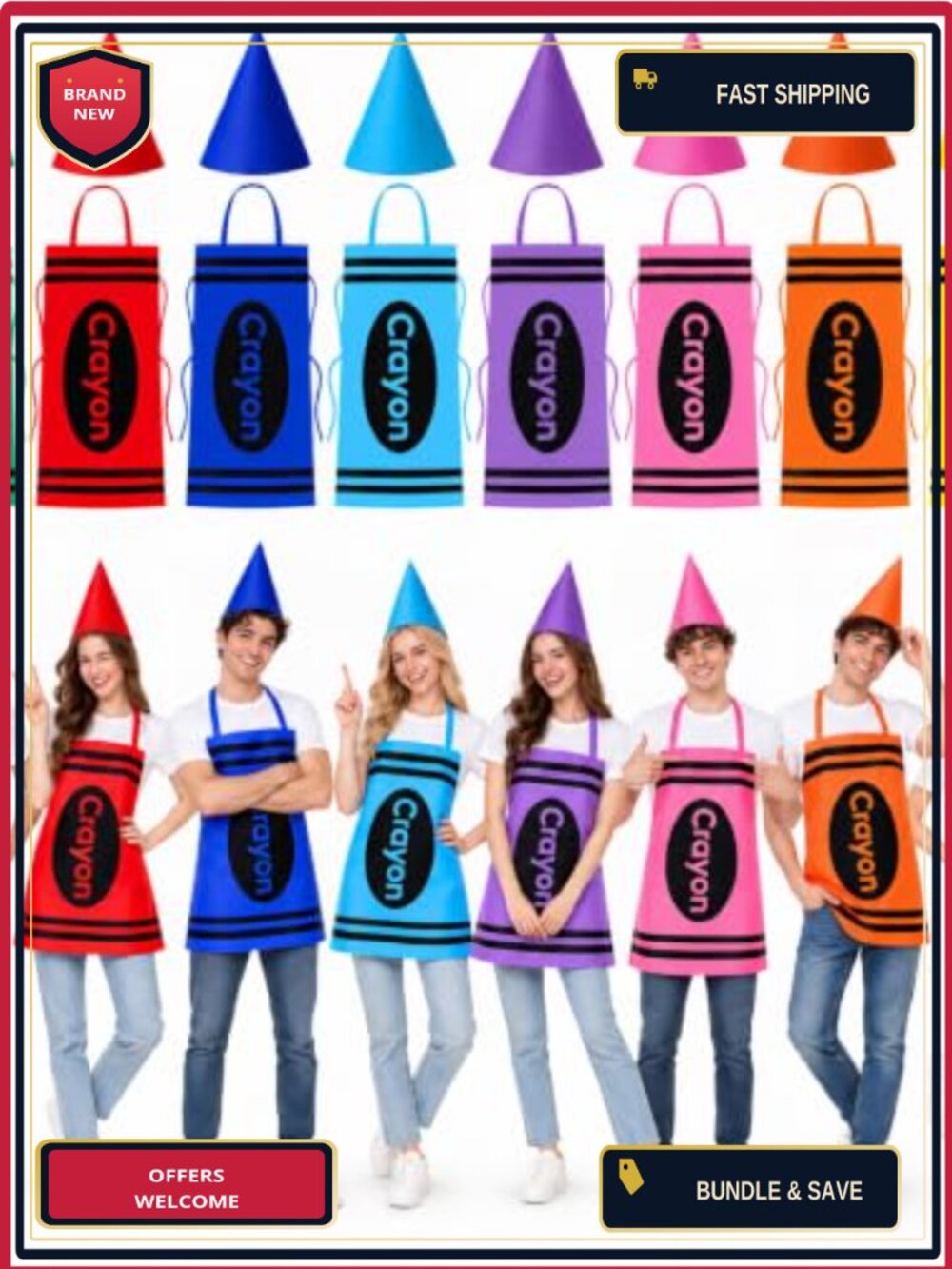 Crayon Costume Aprons & Cone Hats Set 16 Pcs Halloween Party Group Dress Up